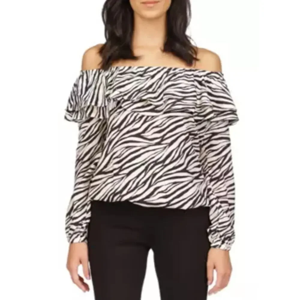 Michael Kors Tiger Stripe Off the Shoulder Ruffle Blouse Black White Animal M